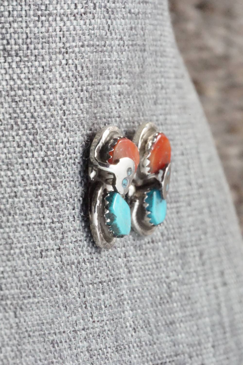 Turquoise, Coral & Sterling Silver Earrings - Gayle Calavaza