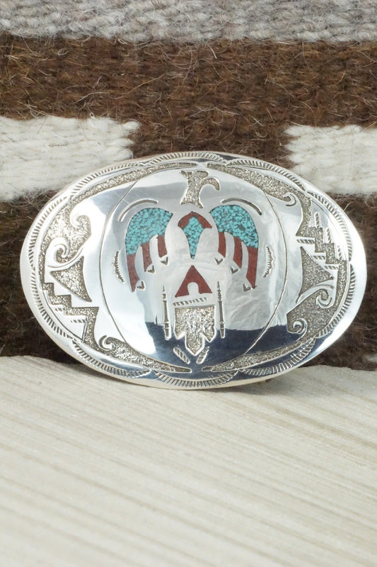 Turquoise, Coral Chip Inlay & Sterling Silver Belt Buckle - Raymond Begay
