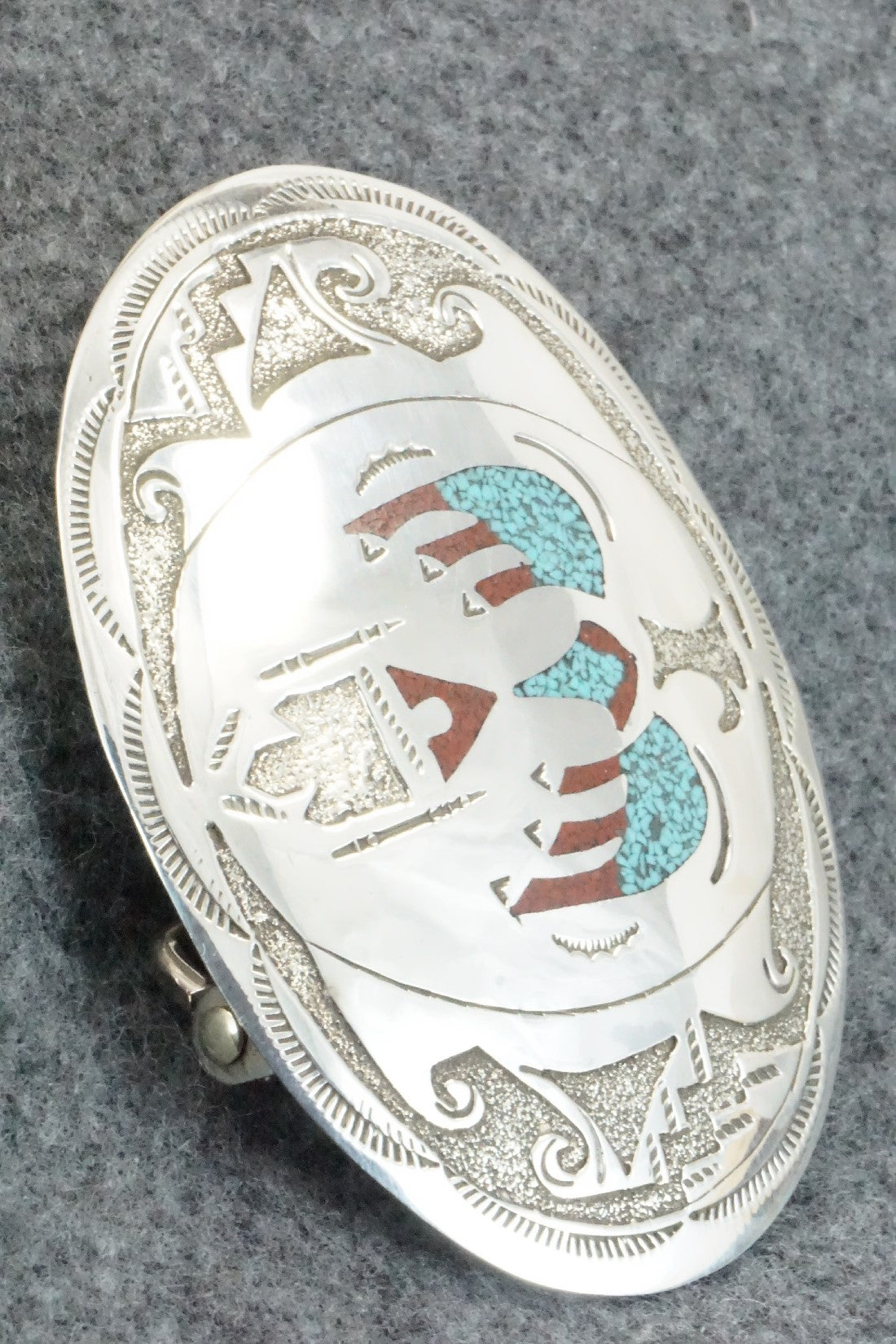 Turquoise, Coral Chip Inlay & Sterling Silver Belt Buckle - Raymond Begay