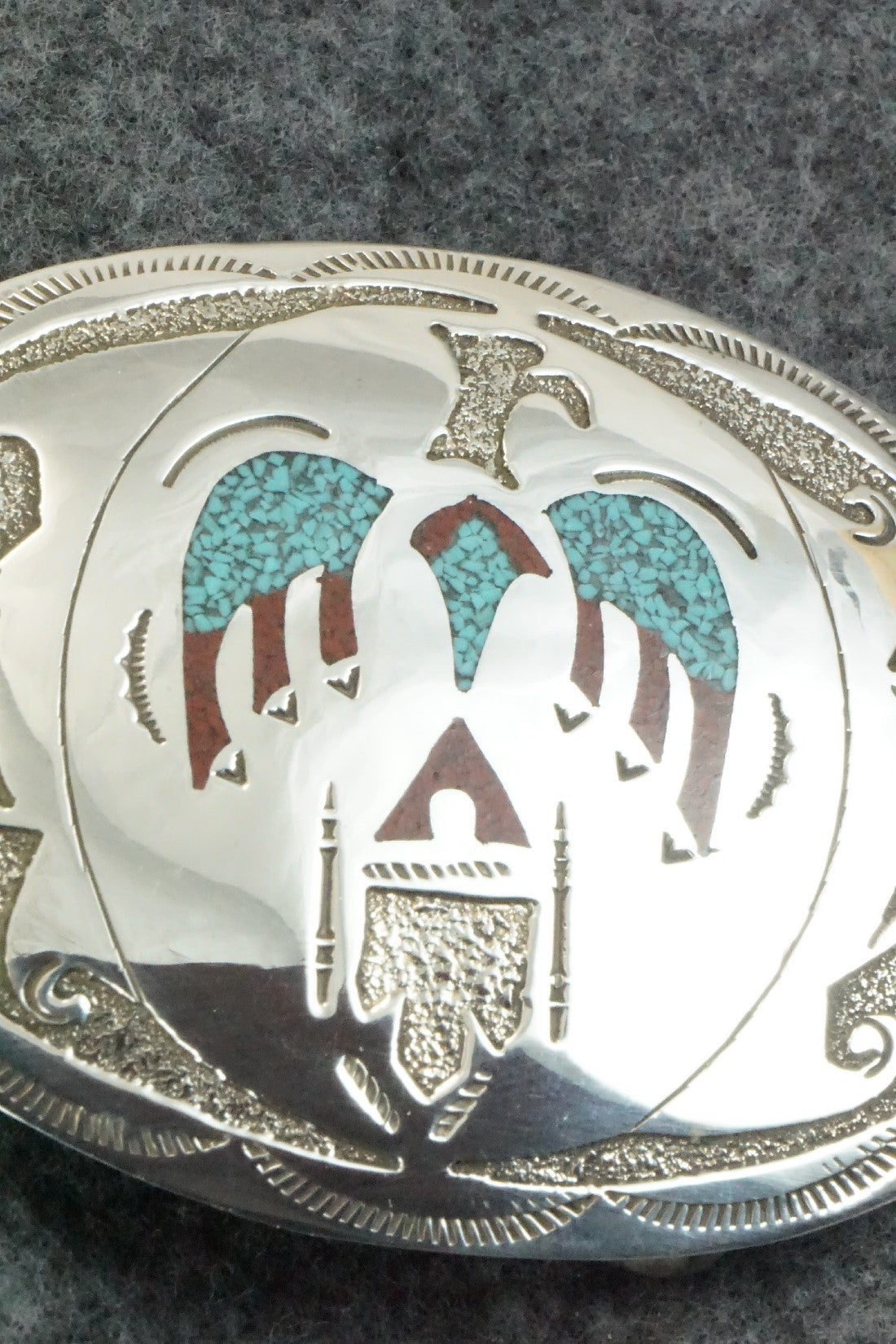 Turquoise, Coral Chip Inlay & Sterling Silver Belt Buckle - Raymond Begay