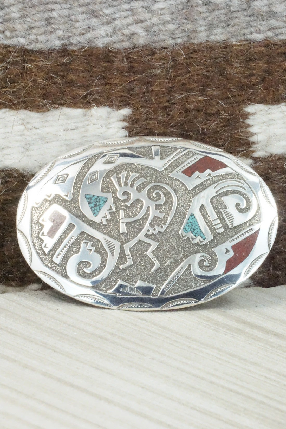 Turquoise, Coral Chip Inlay & Sterling Silver Belt Buckle - Raymond Begay