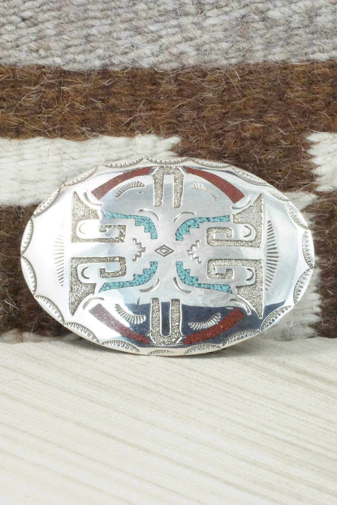 Turquoise, Coral Chip Inlay & Sterling Silver Belt Buckle - Raymond Begay