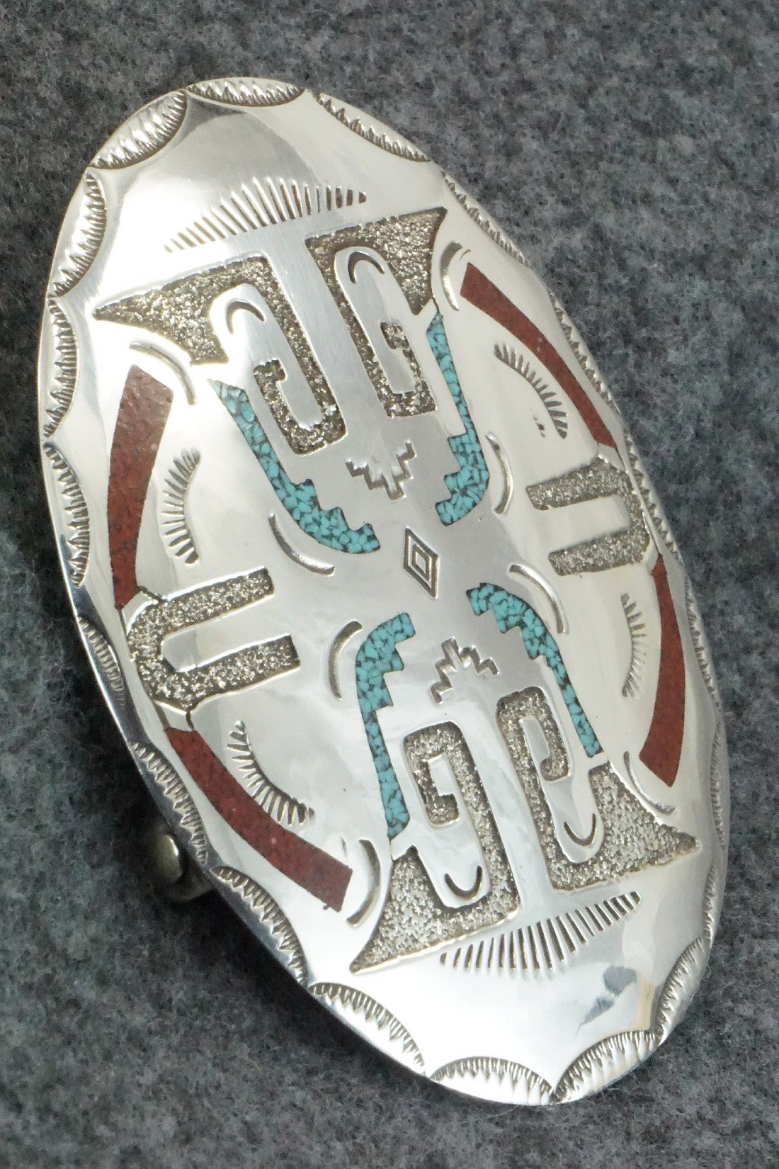 Turquoise, Coral Chip Inlay & Sterling Silver Belt Buckle - Raymond Begay