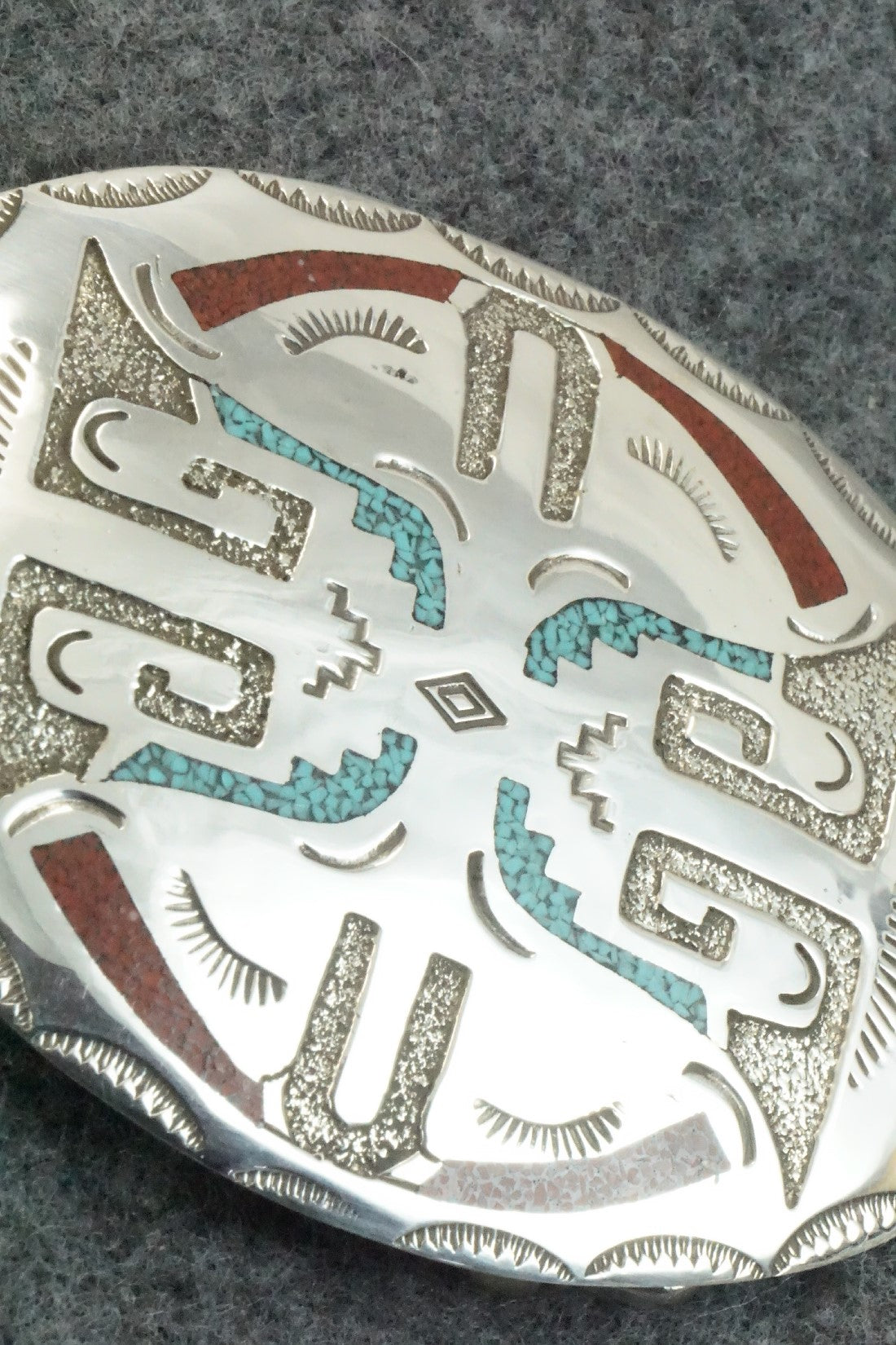 Turquoise, Coral Chip Inlay & Sterling Silver Belt Buckle - Raymond Begay