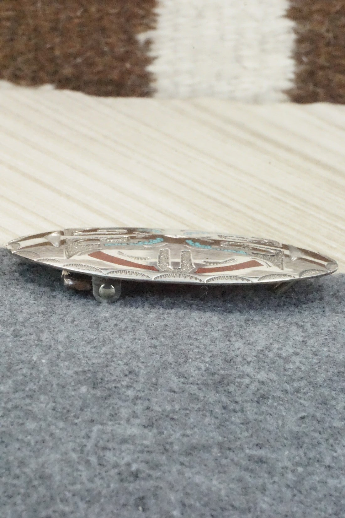 Turquoise, Coral Chip Inlay & Sterling Silver Belt Buckle - Raymond Begay