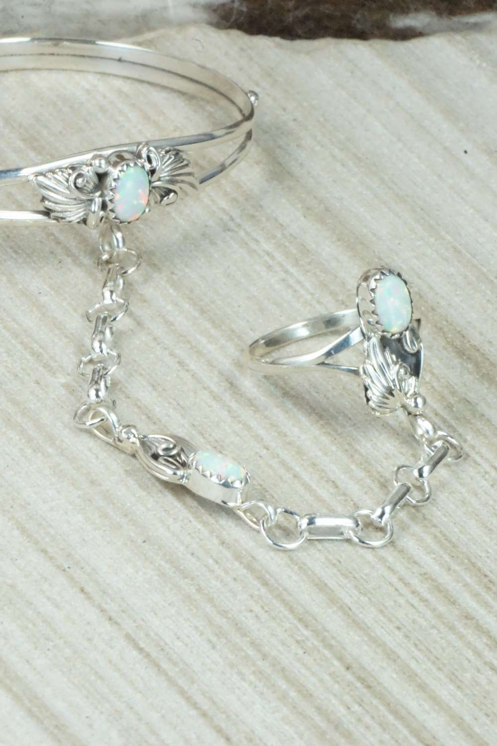 Opal & Sterling Silver Princess Bracelet & Ring - Size 8.75