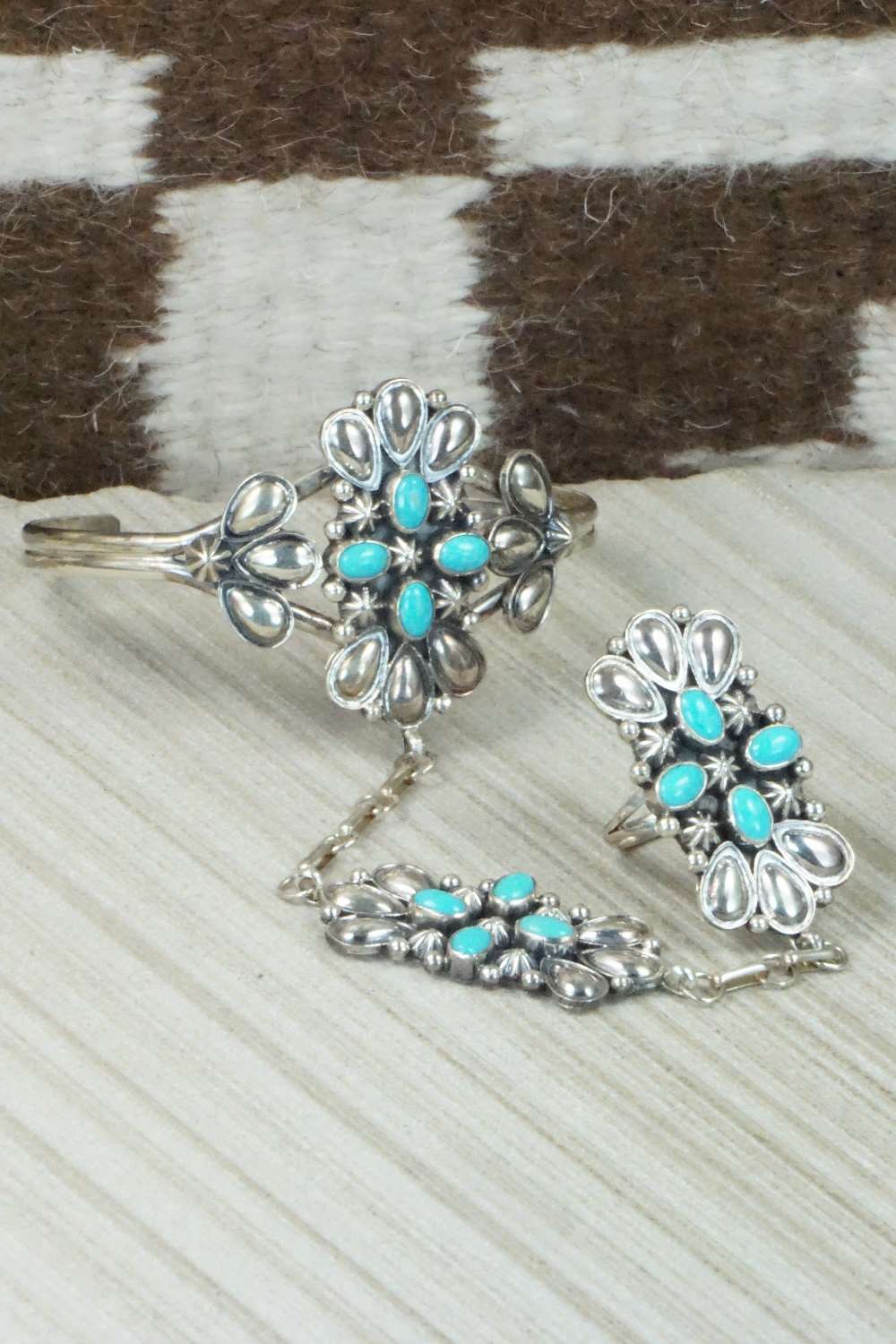 Turquoise & Sterling Silver Princess Bracelet & Ring - Size 8