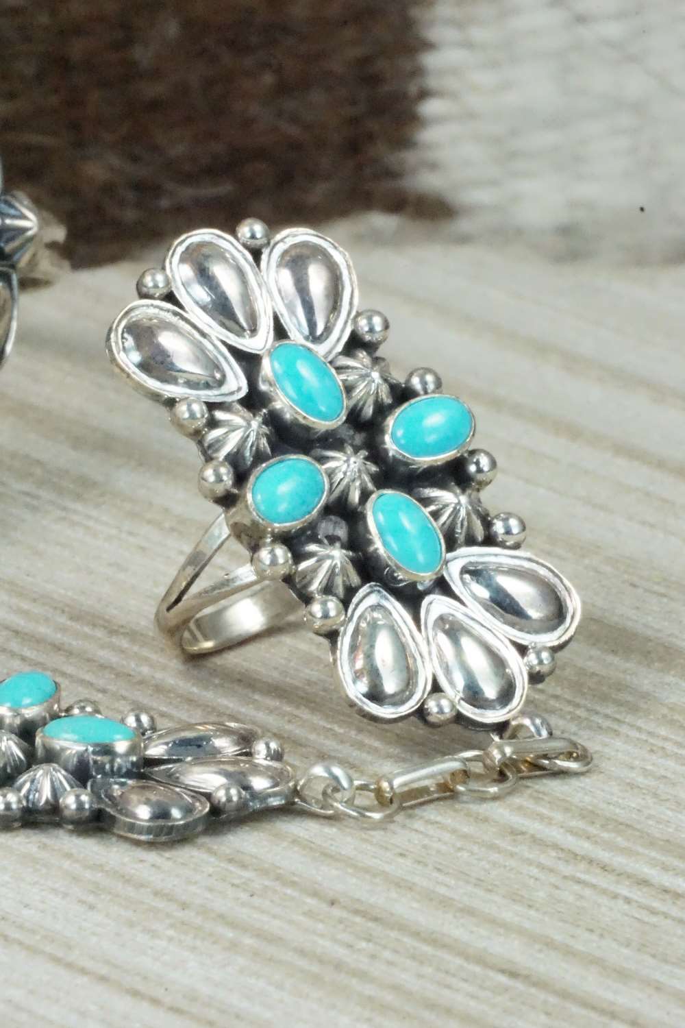 Turquoise & Sterling Silver Princess Bracelet & Ring - Size 8