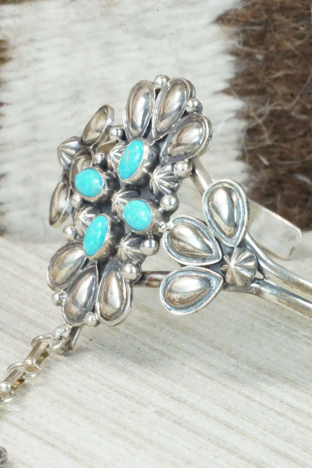 Turquoise & Sterling Silver Princess Bracelet & Ring - Size 8