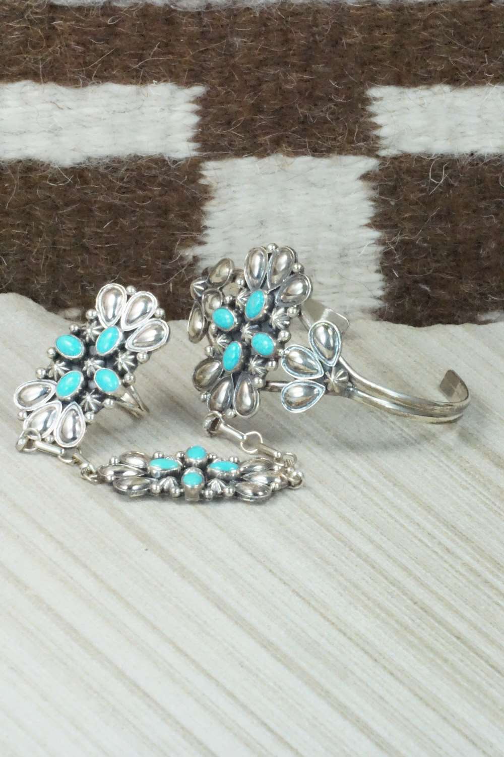 Turquoise & Sterling Silver Princess Bracelet & Ring - Size 8