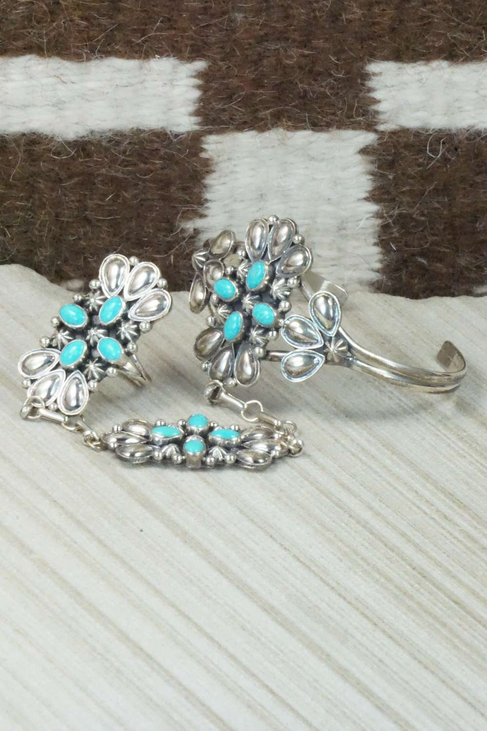 Turquoise & Sterling Silver Princess Bracelet & Ring - Size 8