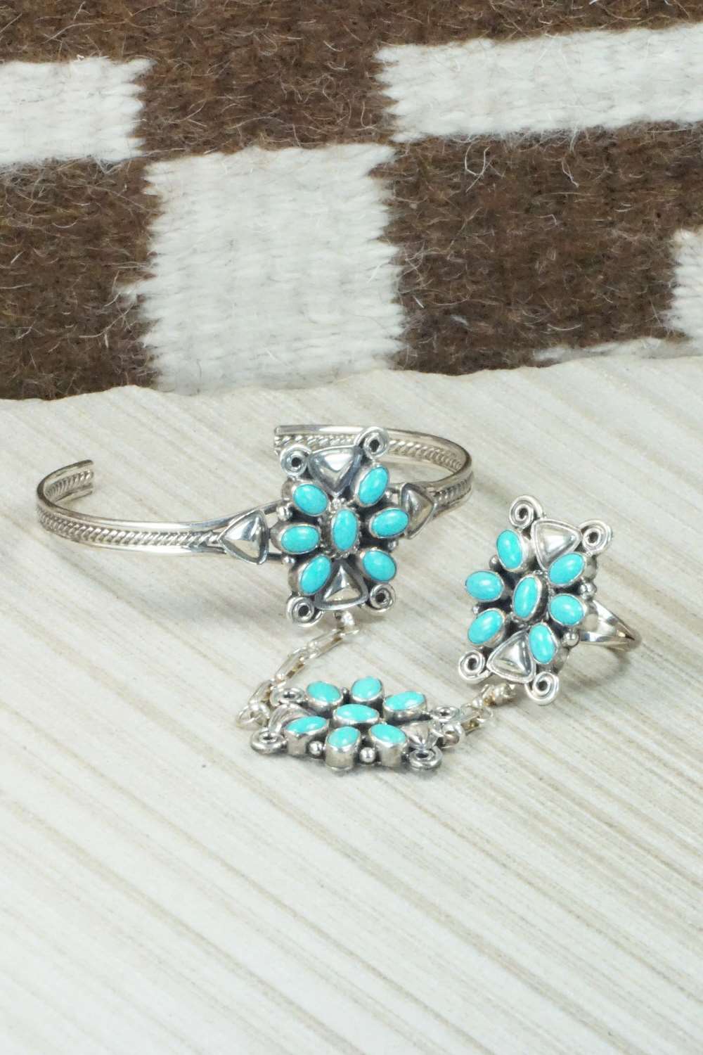 Turquoise & Sterling Silver Princess Bracelet & Ring - Size 8