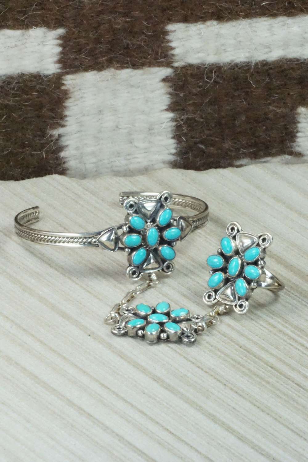Turquoise & Sterling Silver Princess Bracelet & Ring - Size 8