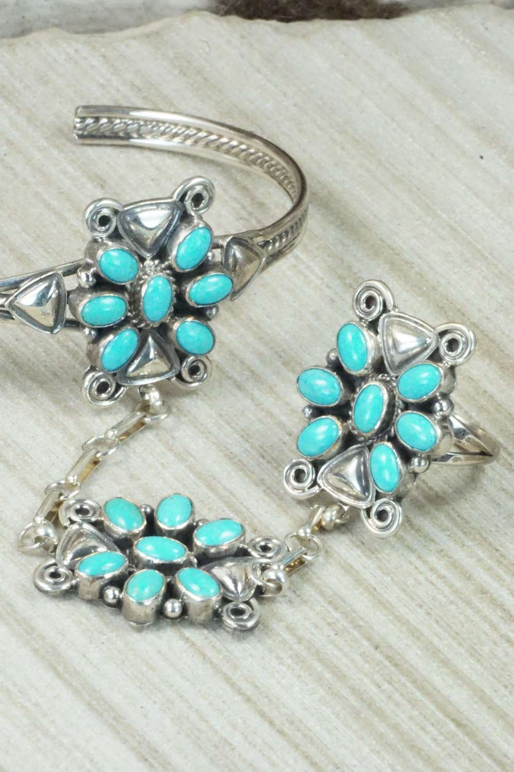 Turquoise & Sterling Silver Princess Bracelet & Ring - Size 8
