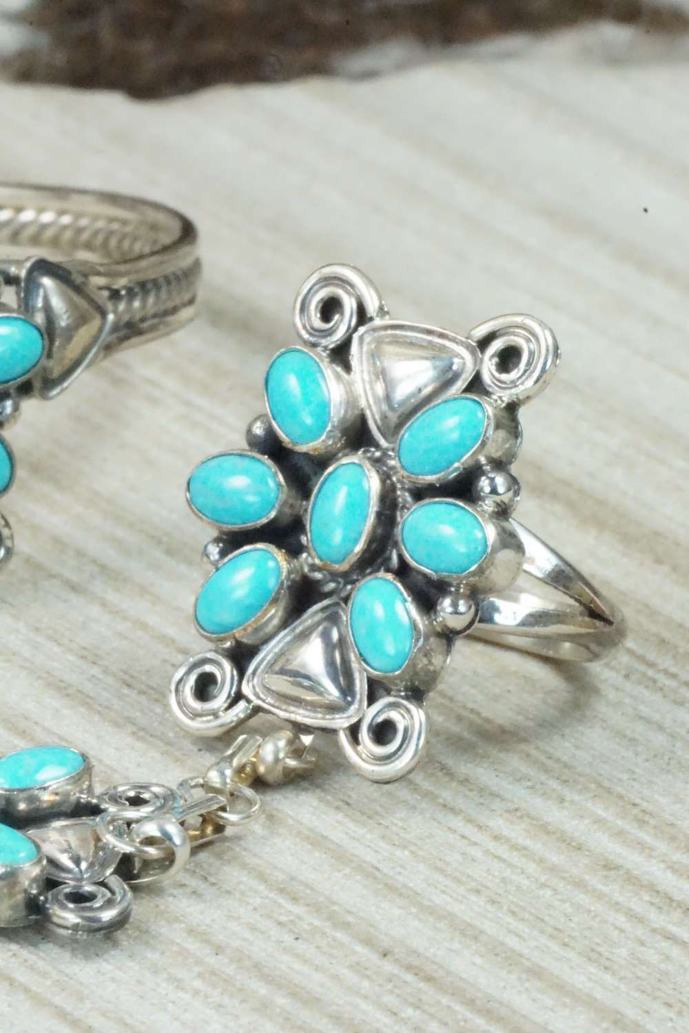 Turquoise & Sterling Silver Princess Bracelet & Ring - Size 8