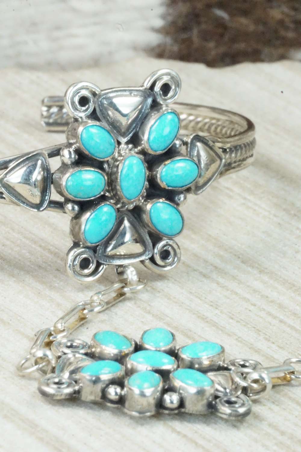 Turquoise & Sterling Silver Princess Bracelet & Ring - Size 8