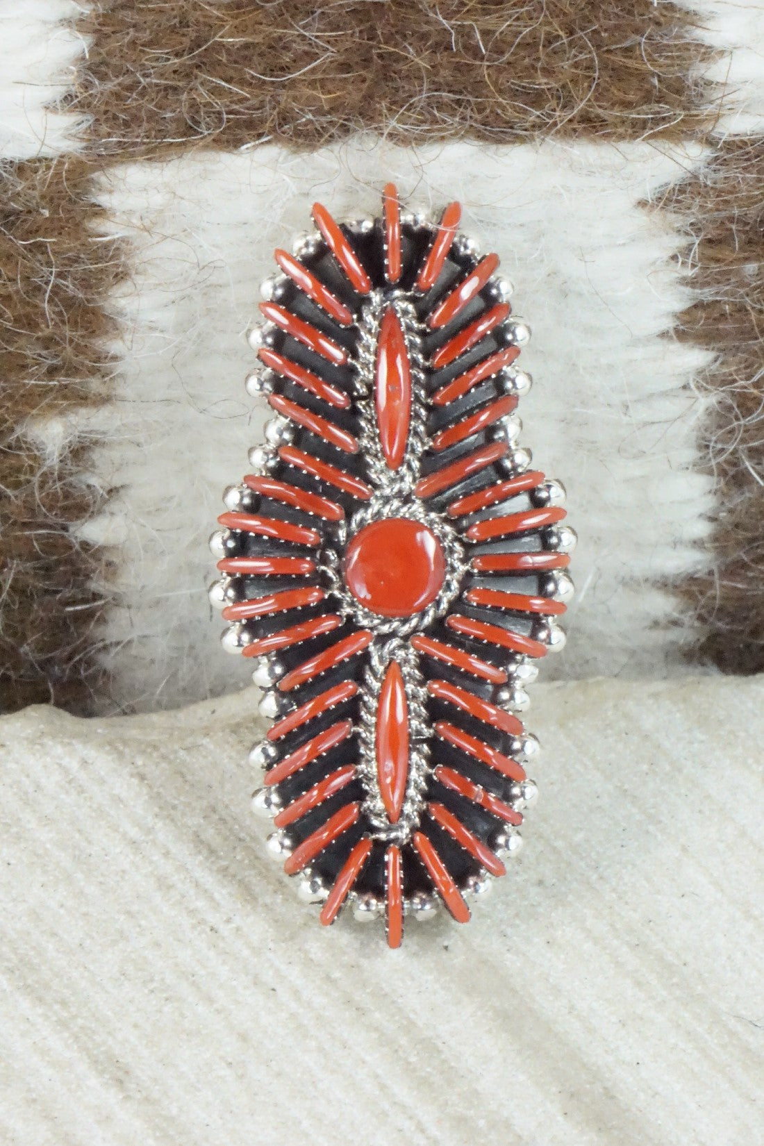 Coral & Sterling Silver Ring - Edmund Cooeyate - Size 7.75