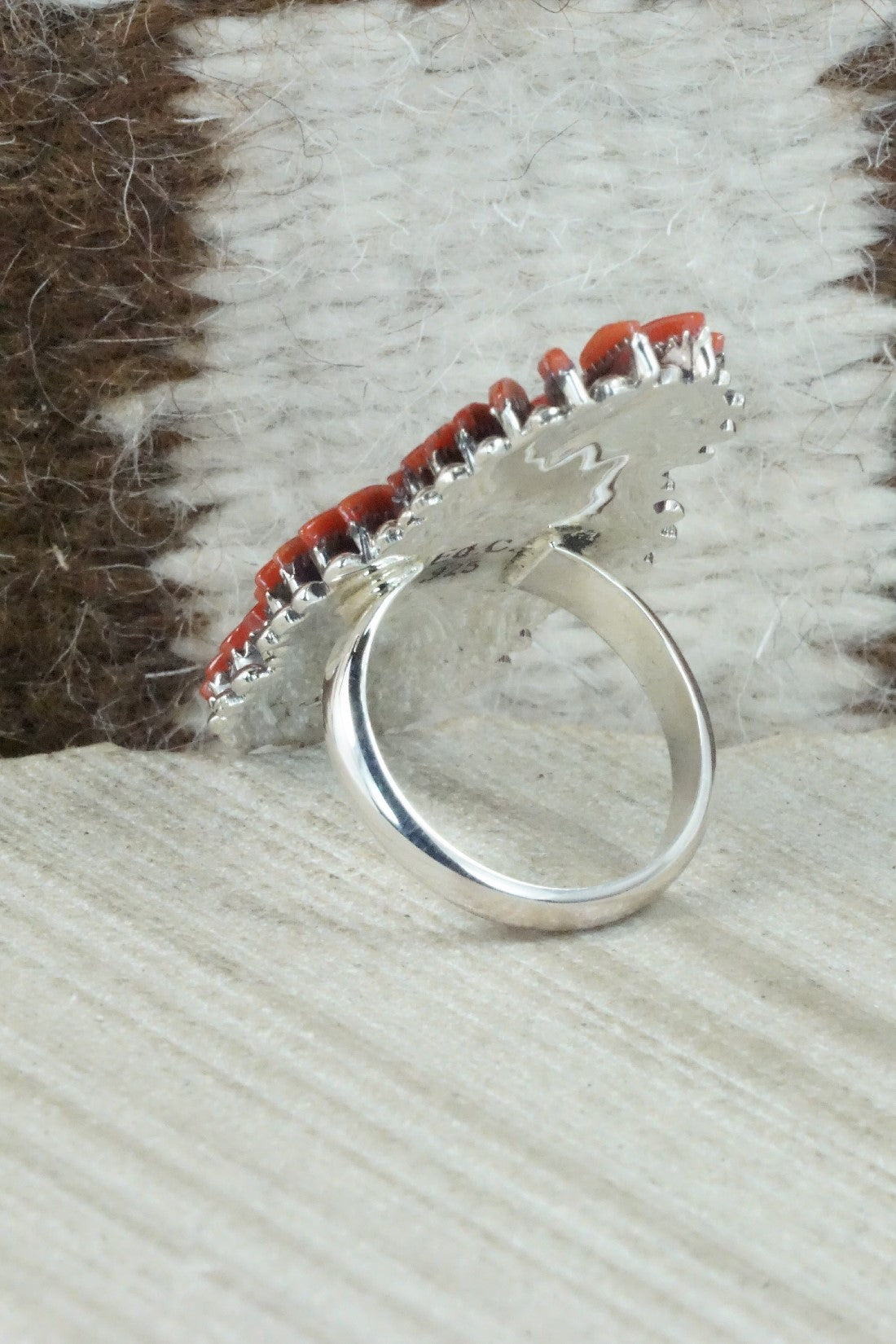 Coral & Sterling Silver Ring - Edmund Cooeyate - Size 7.75