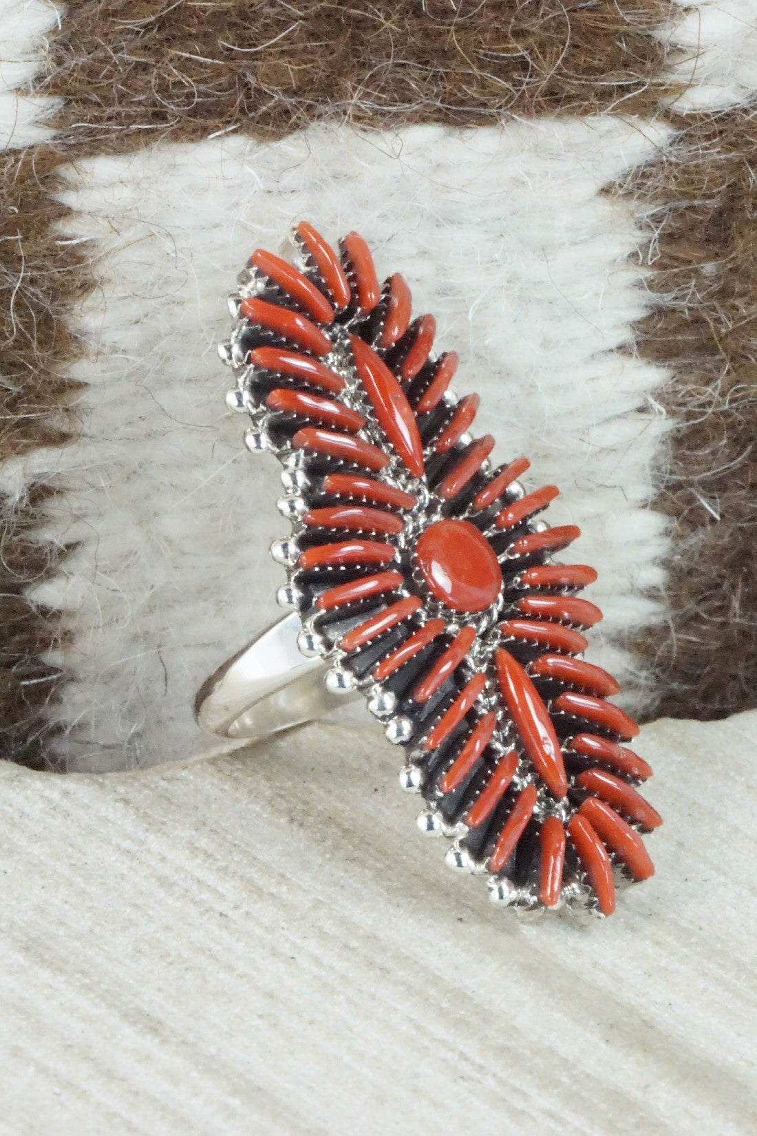 Coral & Sterling Silver Ring - Edmund Cooeyate - Size 7.75