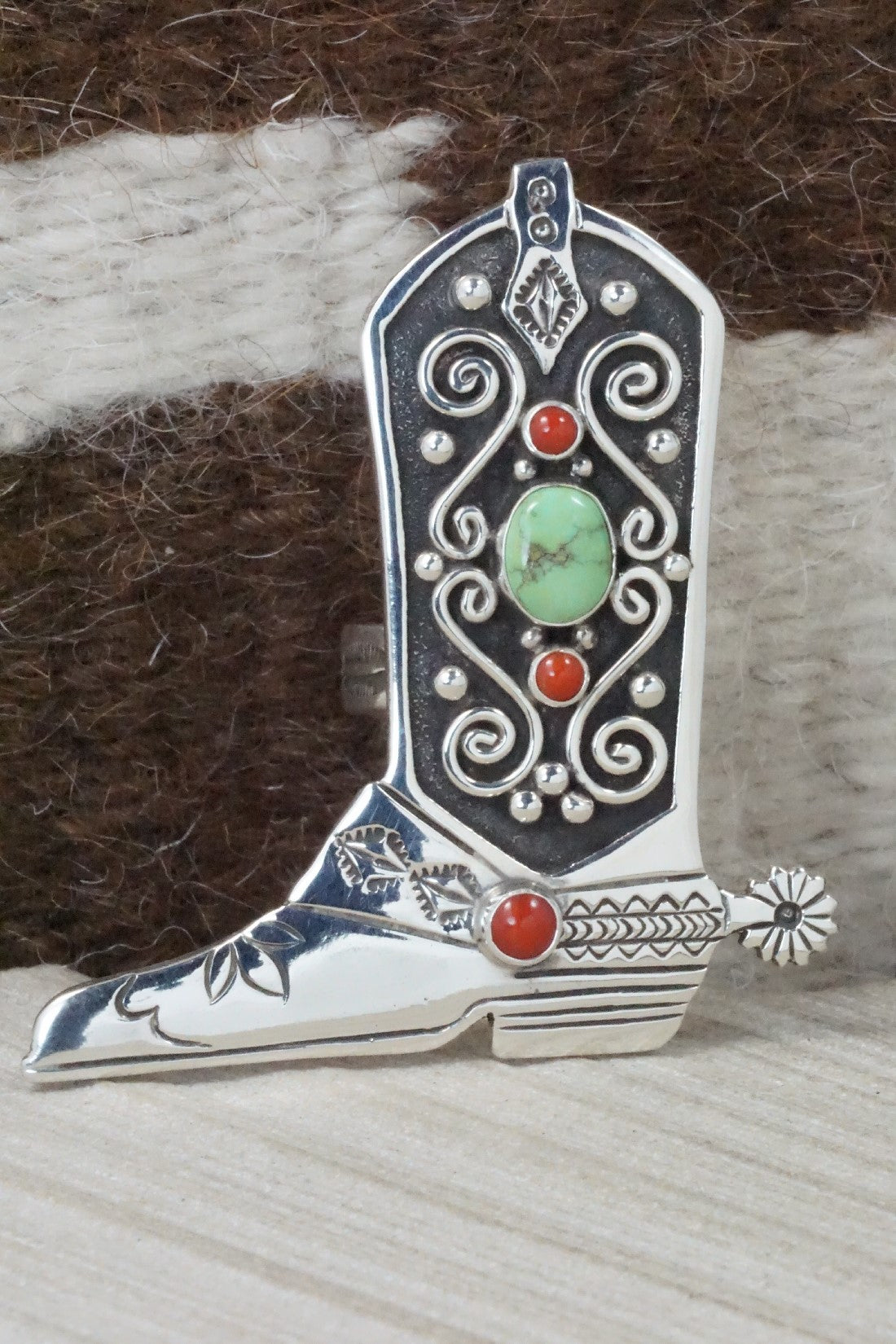 Coral, Turquoise & Sterling Silver Ring - Lee Charley - Size 8.5