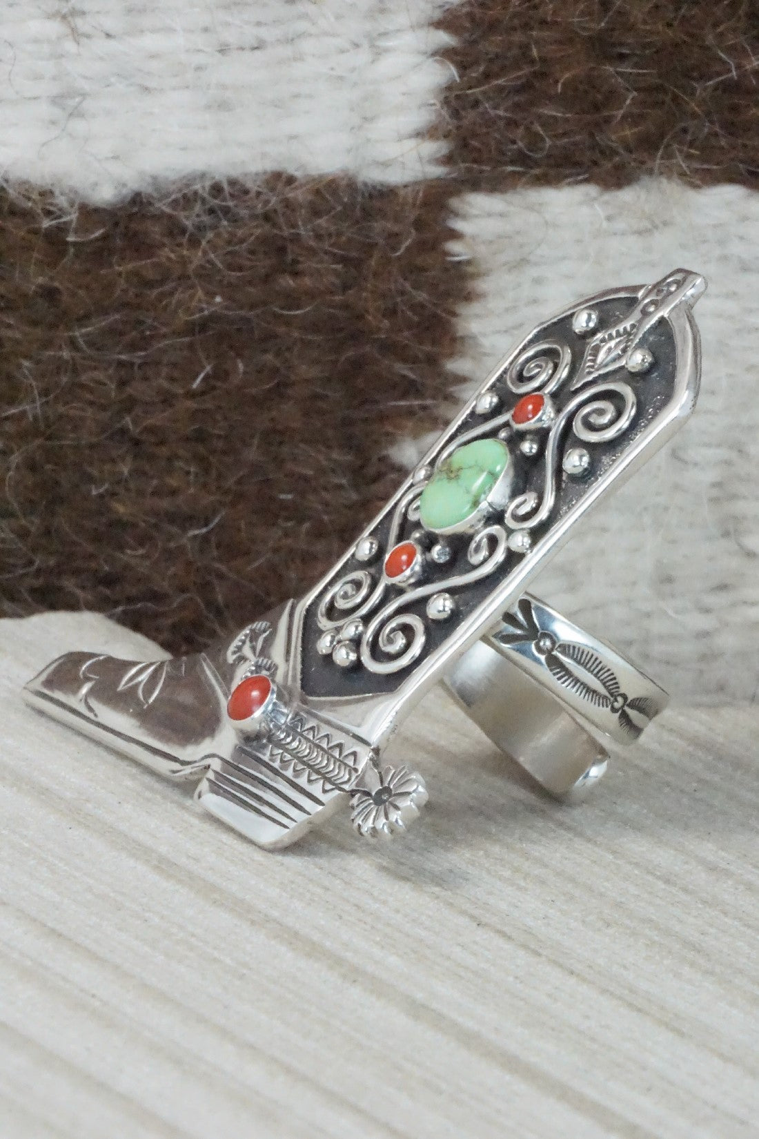 Coral, Turquoise & Sterling Silver Ring - Lee Charley - Size 8.5