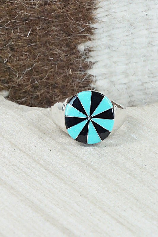 Turquoise, Onyx & Sterling Silver Ring - Johnson Laweka - Size 10.5