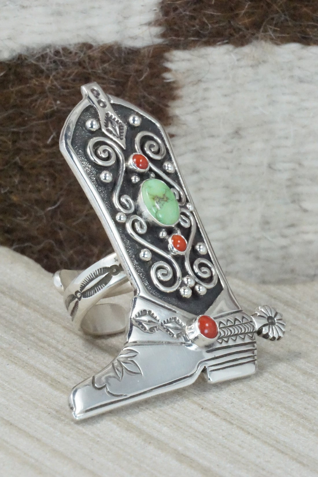 Coral, Turquoise & Sterling Silver Ring - Lee Charley - Size 8.5