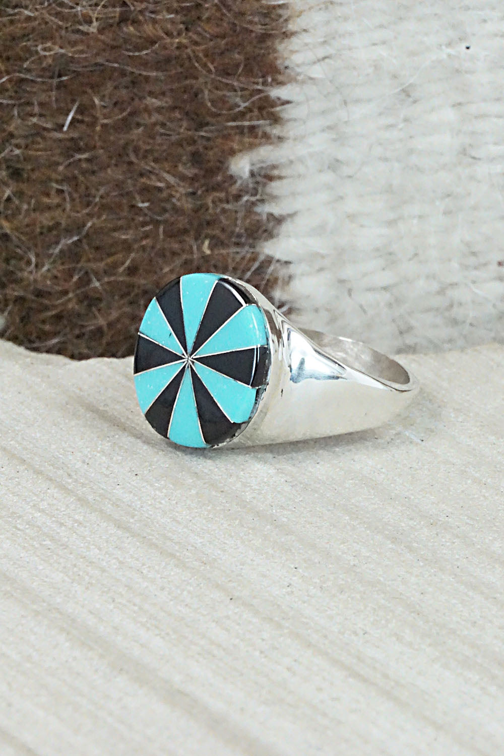 Turquoise, Onyx & Sterling Silver Ring - Johnson Laweka - Size 10.5
