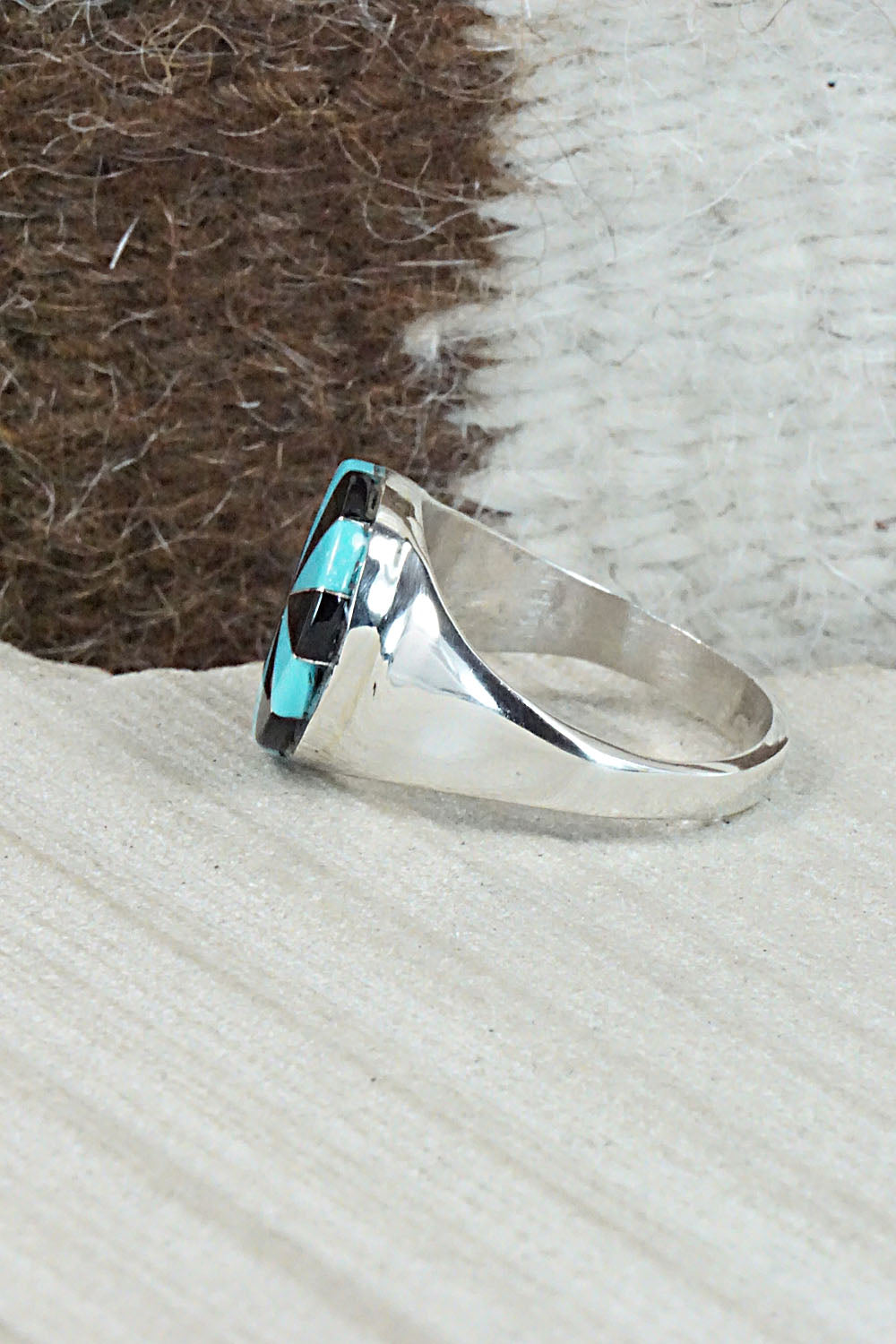 Turquoise, Onyx & Sterling Silver Ring - Johnson Laweka - Size 10.5