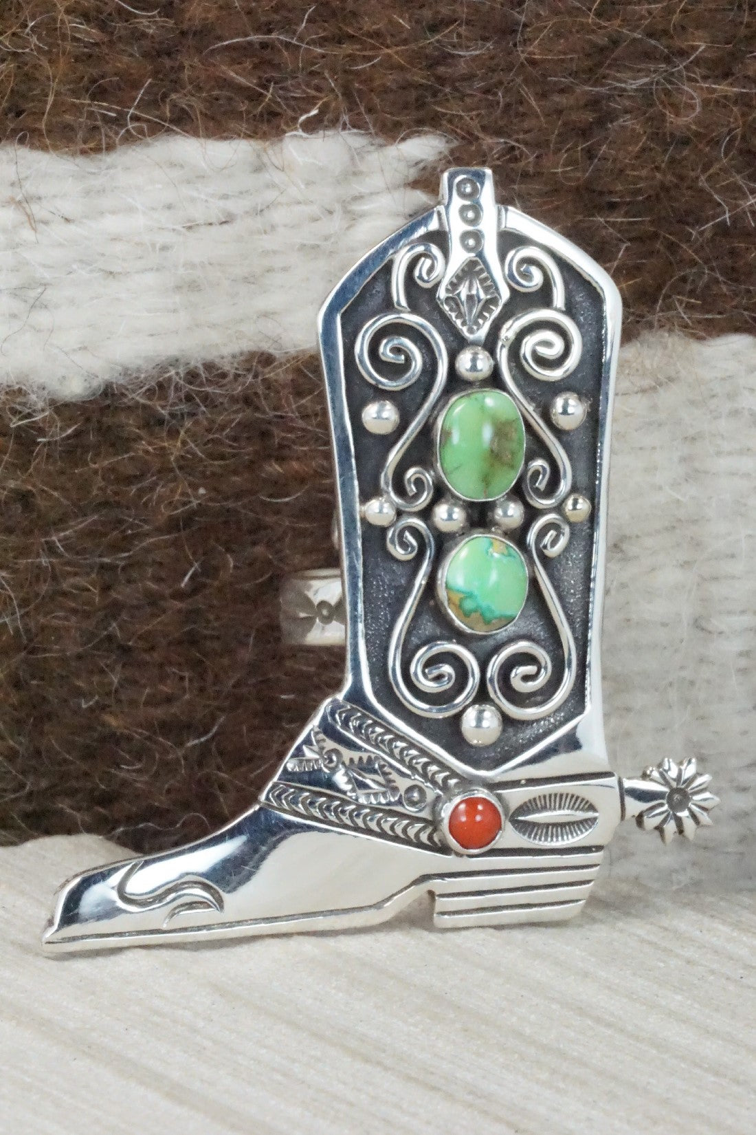 Turquoise, Coral & Sterling Silver Ring - Lee Charley - Size 8
