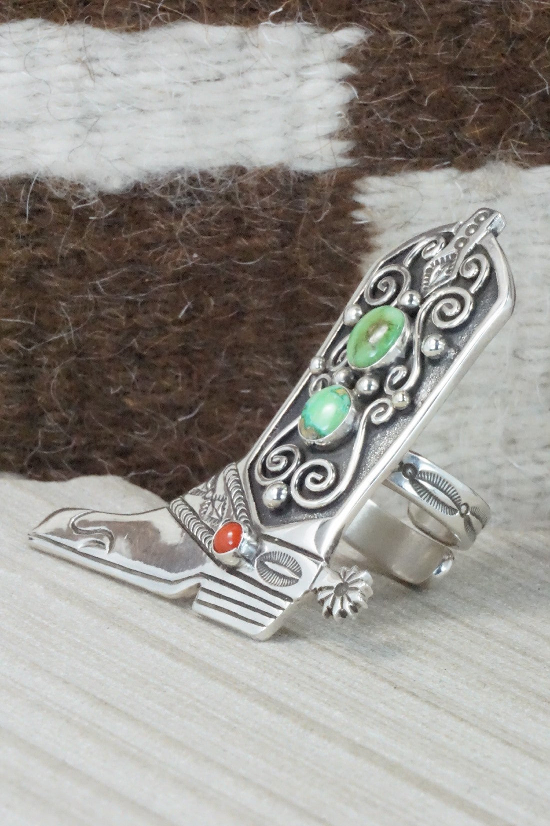Turquoise, Coral & Sterling Silver Ring - Lee Charley - Size 8