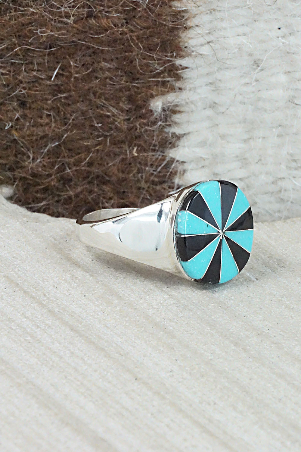 Turquoise, Onyx & Sterling Silver Ring - Johnson Laweka - Size 10.5