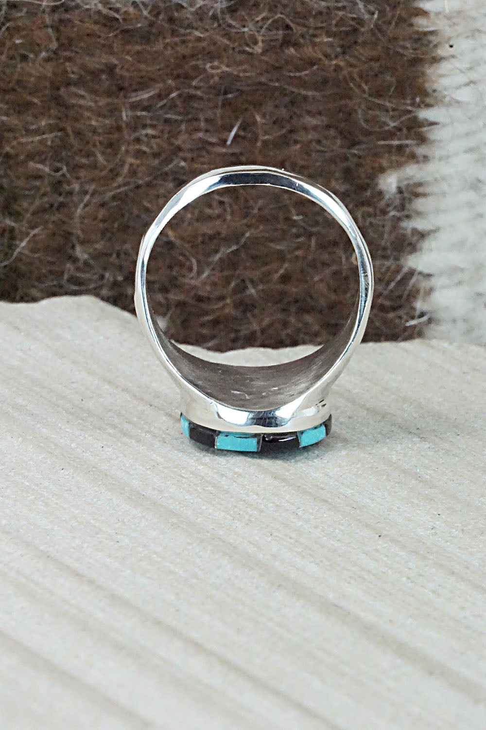 Turquoise, Onyx & Sterling Silver Ring - Johnson Laweka - Size 10.5