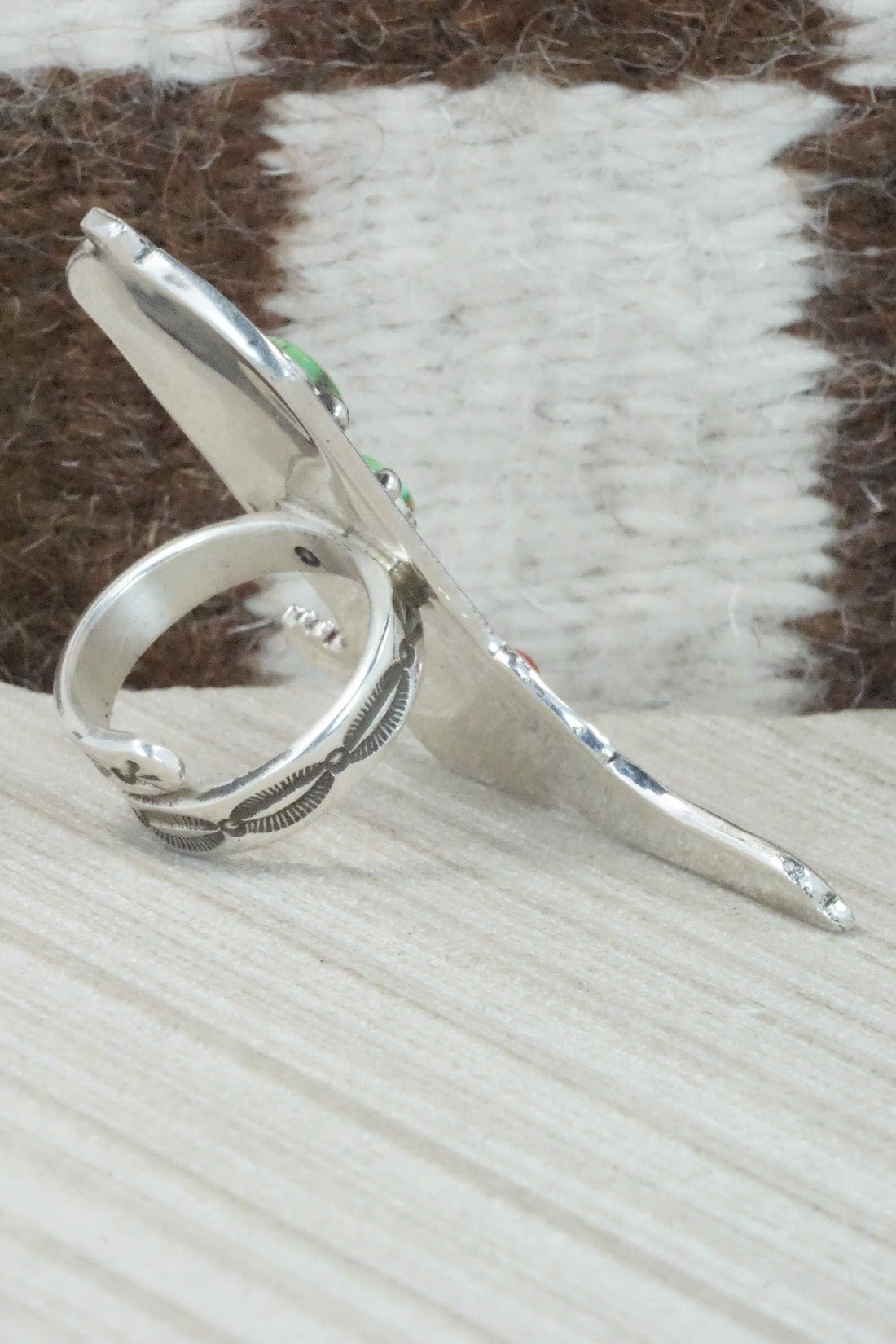 Turquoise, Coral & Sterling Silver Ring - Lee Charley - Size 8
