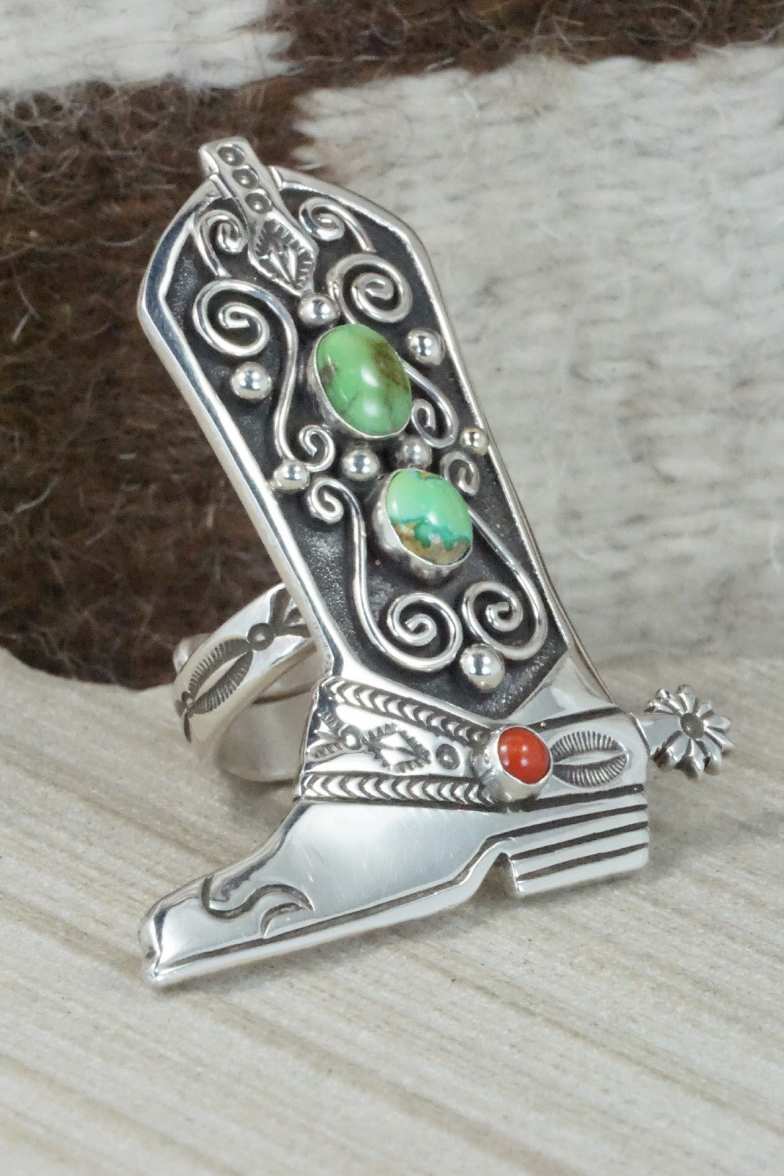 Turquoise, Coral & Sterling Silver Ring - Lee Charley - Size 8