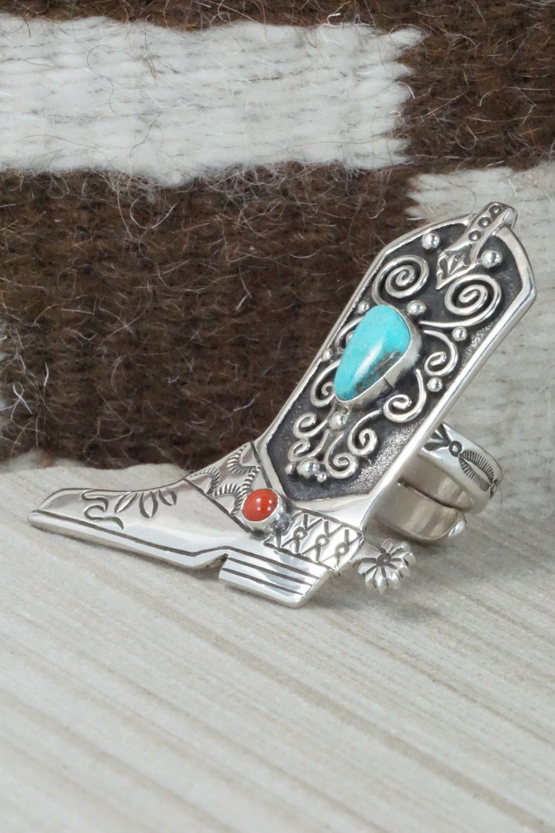 Turquoise, Coral & Sterling Silver Ring - Lee Charley - Size 7