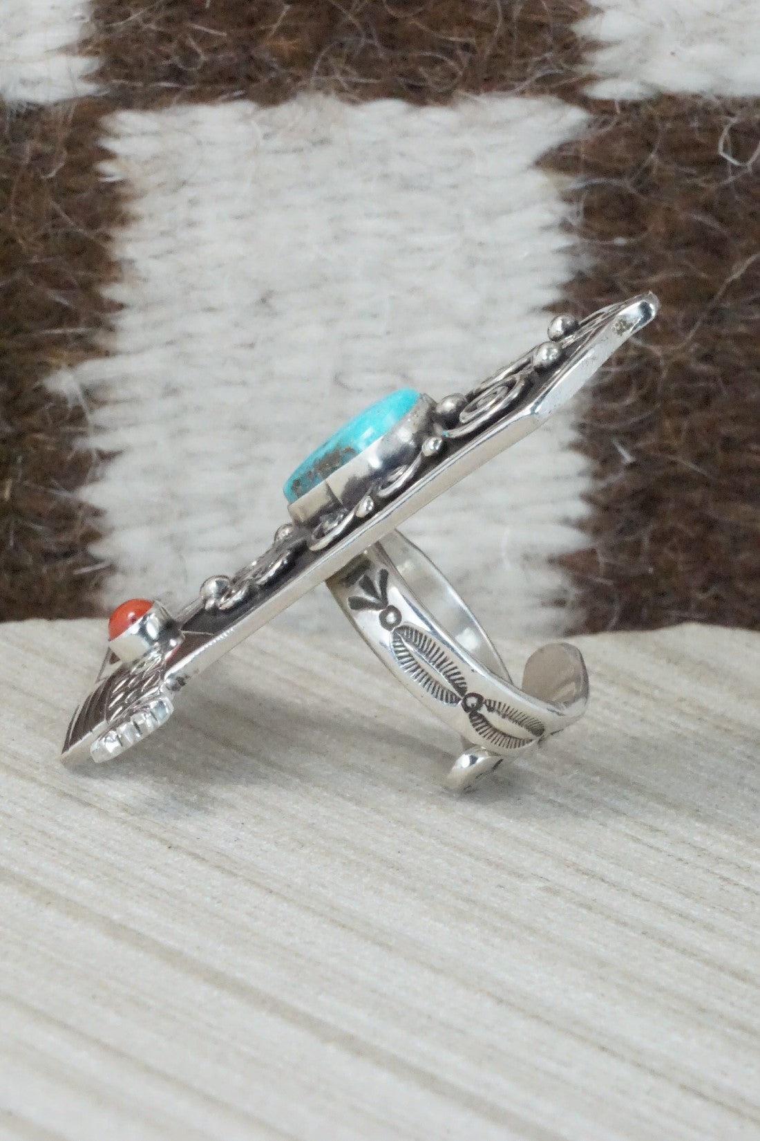 Turquoise, Coral & Sterling Silver Ring - Lee Charley - Size 7