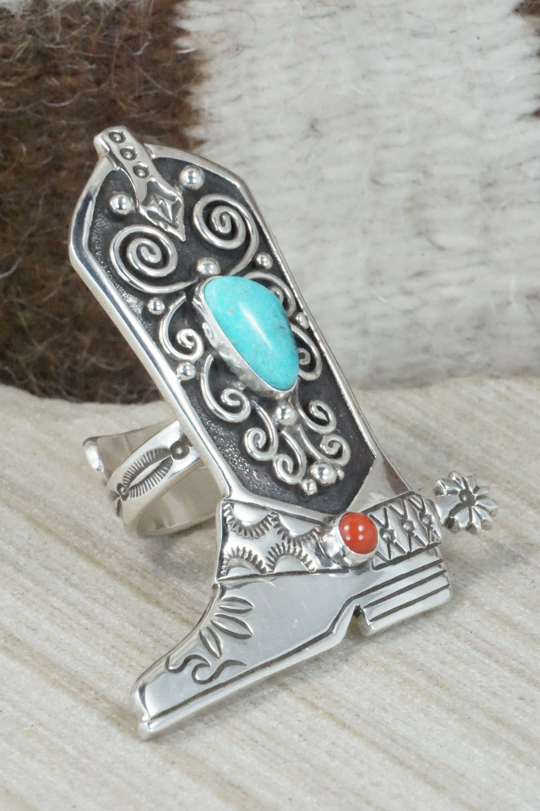 Turquoise, Coral & Sterling Silver Ring - Lee Charley - Size 7