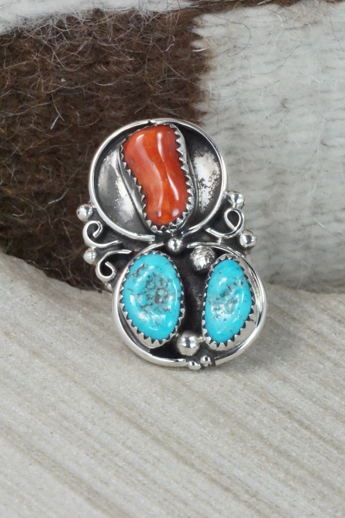 Turquoise, Coral & Sterling Silver Ring - Shirley Largo - Size 8.5