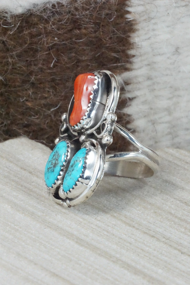 Turquoise, Coral & Sterling Silver Ring - Shirley Largo - Size 8.5