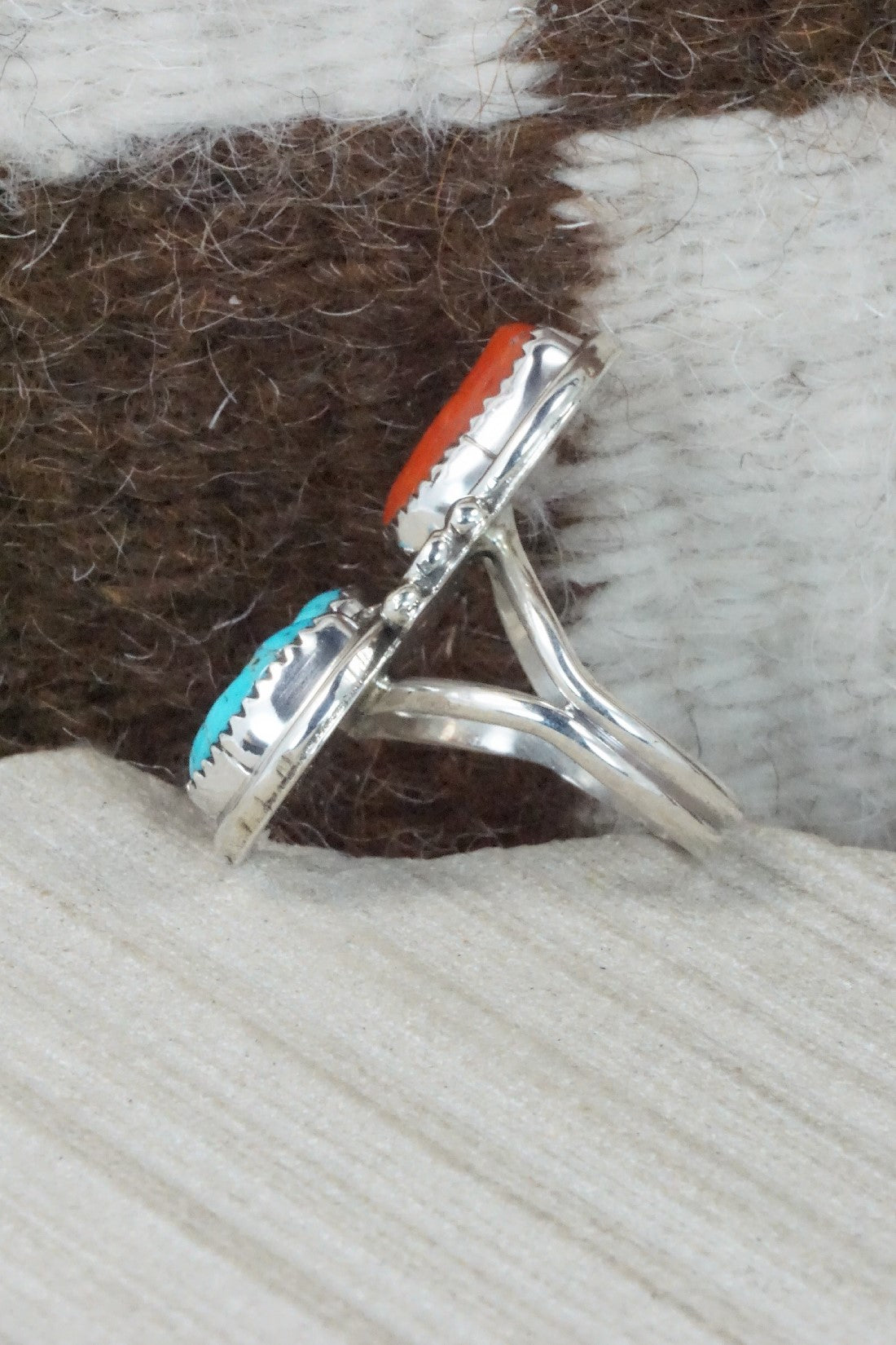 Turquoise, Coral & Sterling Silver Ring - Shirley Largo - Size 8.5