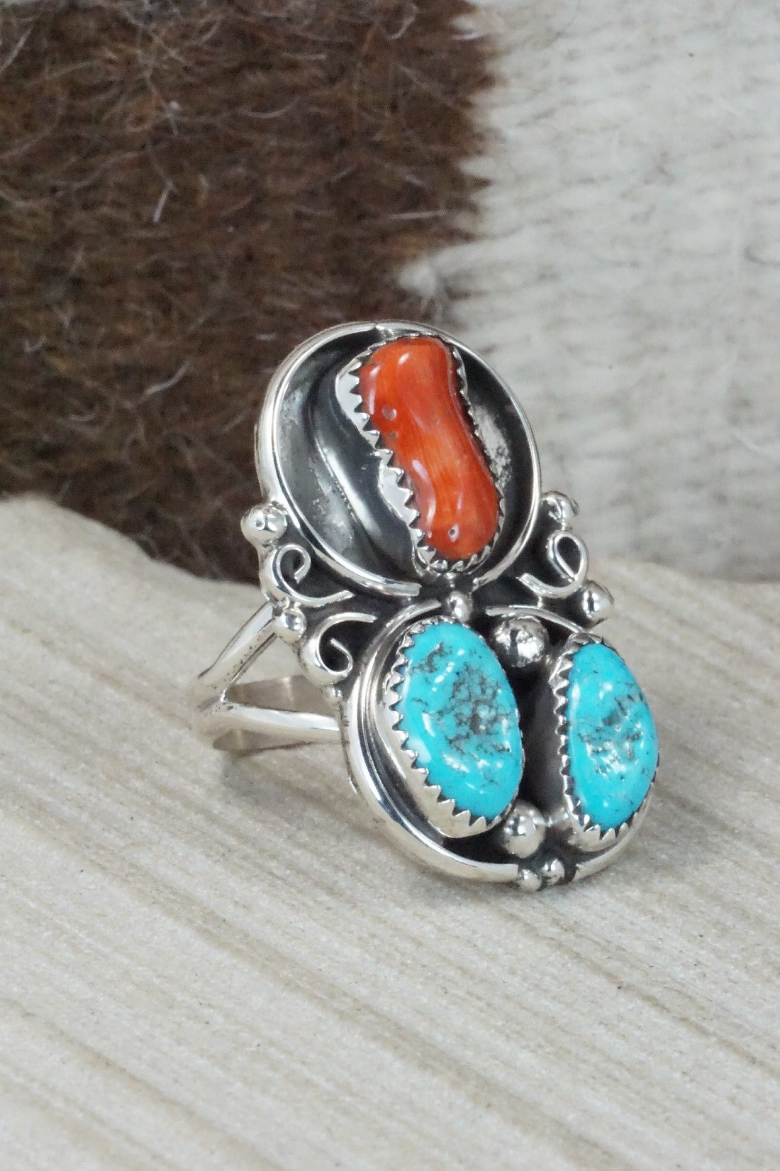 Turquoise, Coral & Sterling Silver Ring - Shirley Largo - Size 8.5