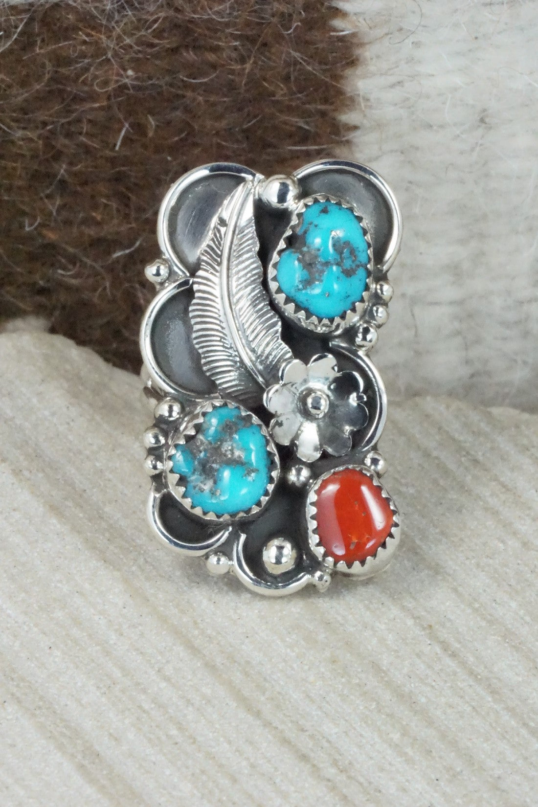 Turquoise, Coral & Sterling Silver Ring - Shirley Largo - Size 8