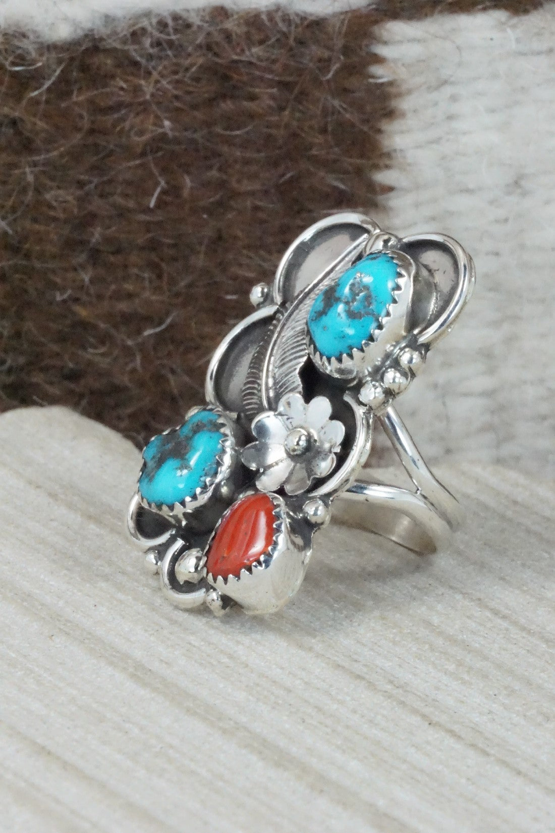 Turquoise, Coral & Sterling Silver Ring - Shirley Largo - Size 8