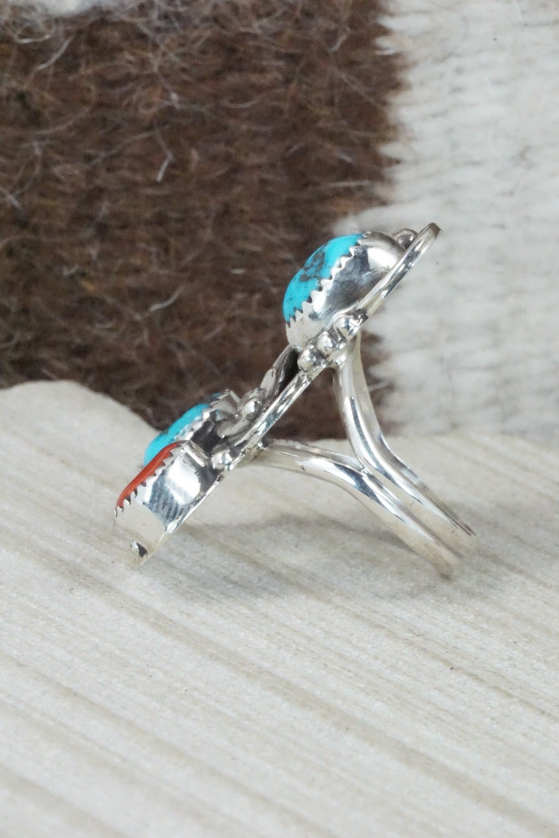 Turquoise, Coral & Sterling Silver Ring - Shirley Largo - Size 8
