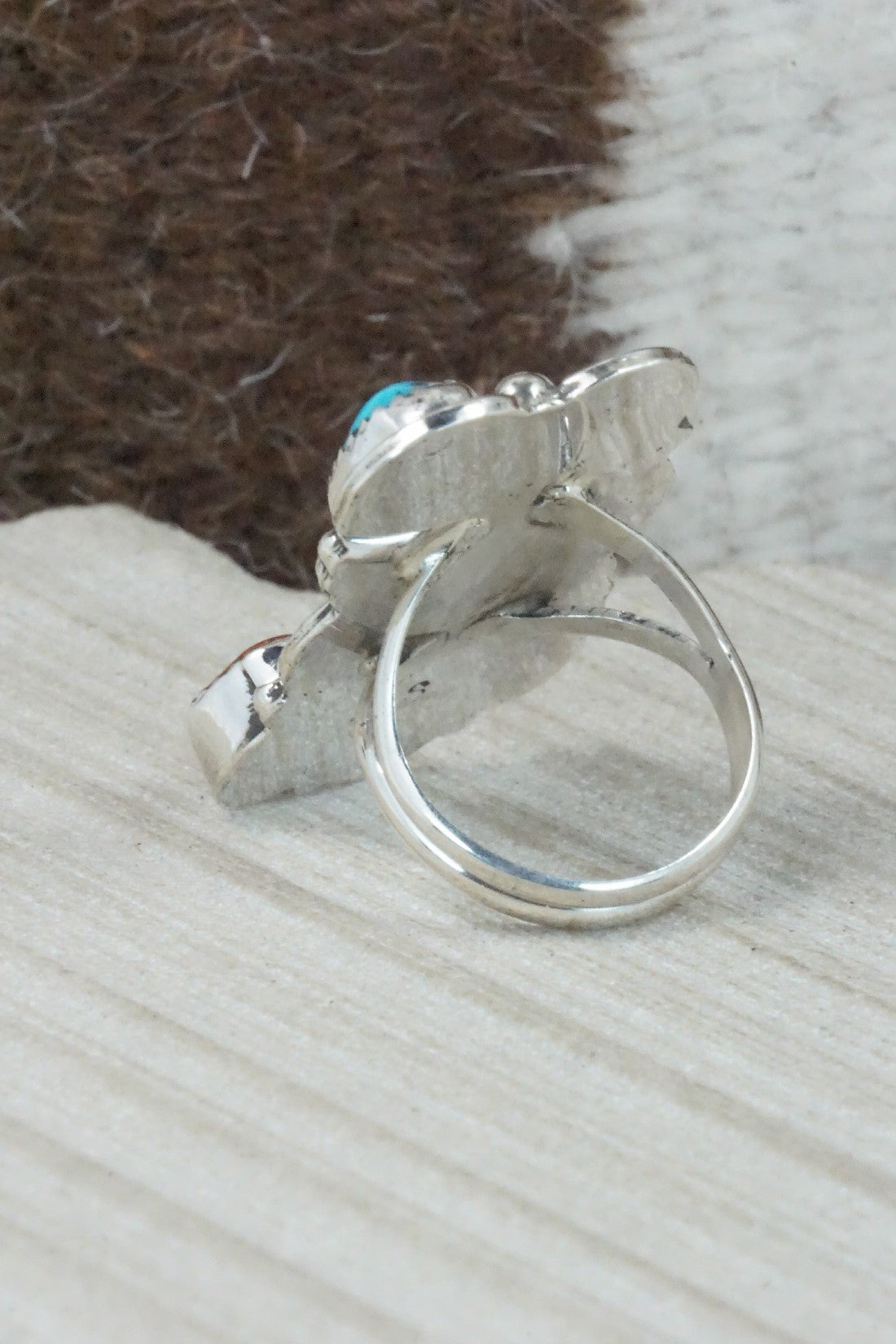 Turquoise, Coral & Sterling Silver Ring - Shirley Largo - Size 8