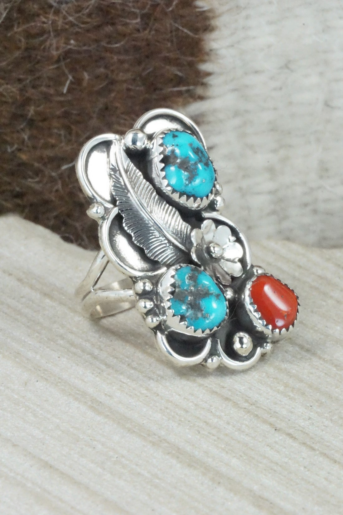 Turquoise, Coral & Sterling Silver Ring - Shirley Largo - Size 8