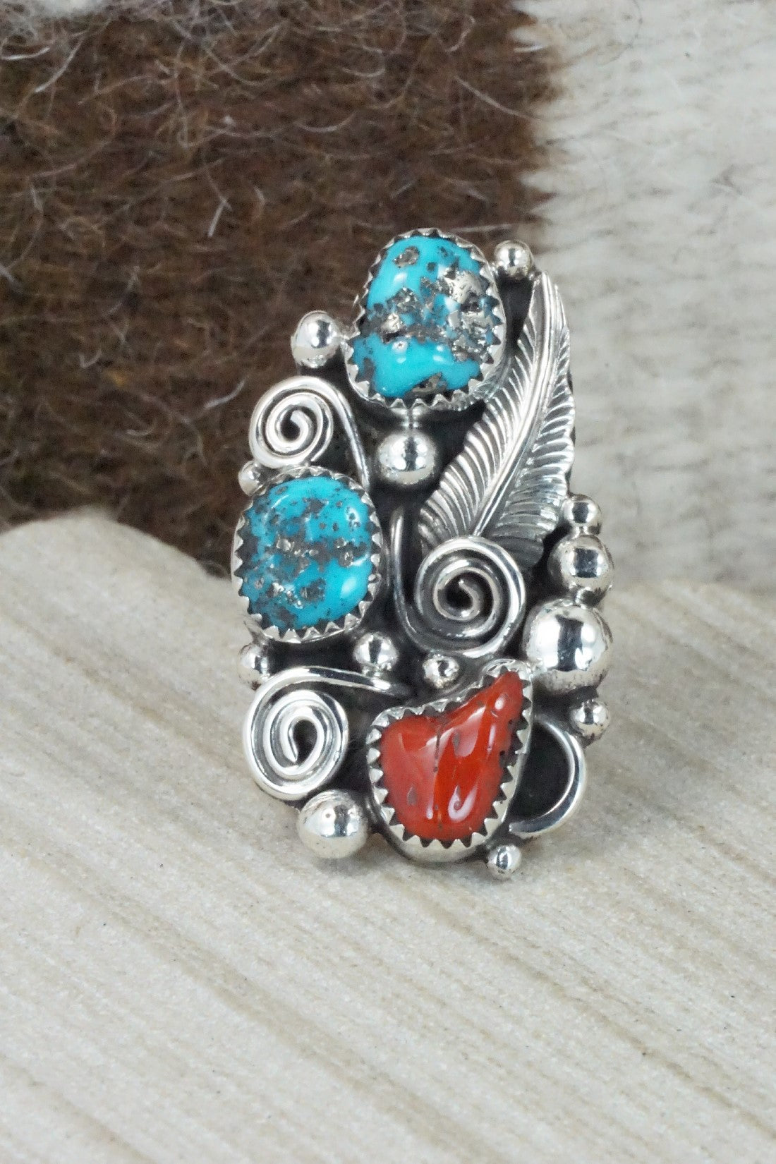 Turquoise, Coral & Sterling Silver Ring - Shirley Largo - Size 8.5