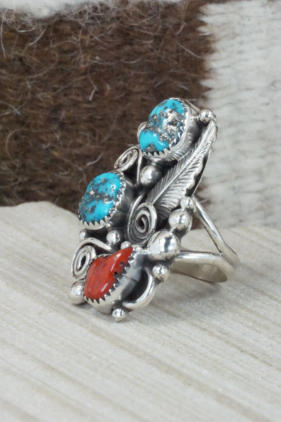 Turquoise, Coral & Sterling Silver Ring - Shirley Largo - Size 8.5