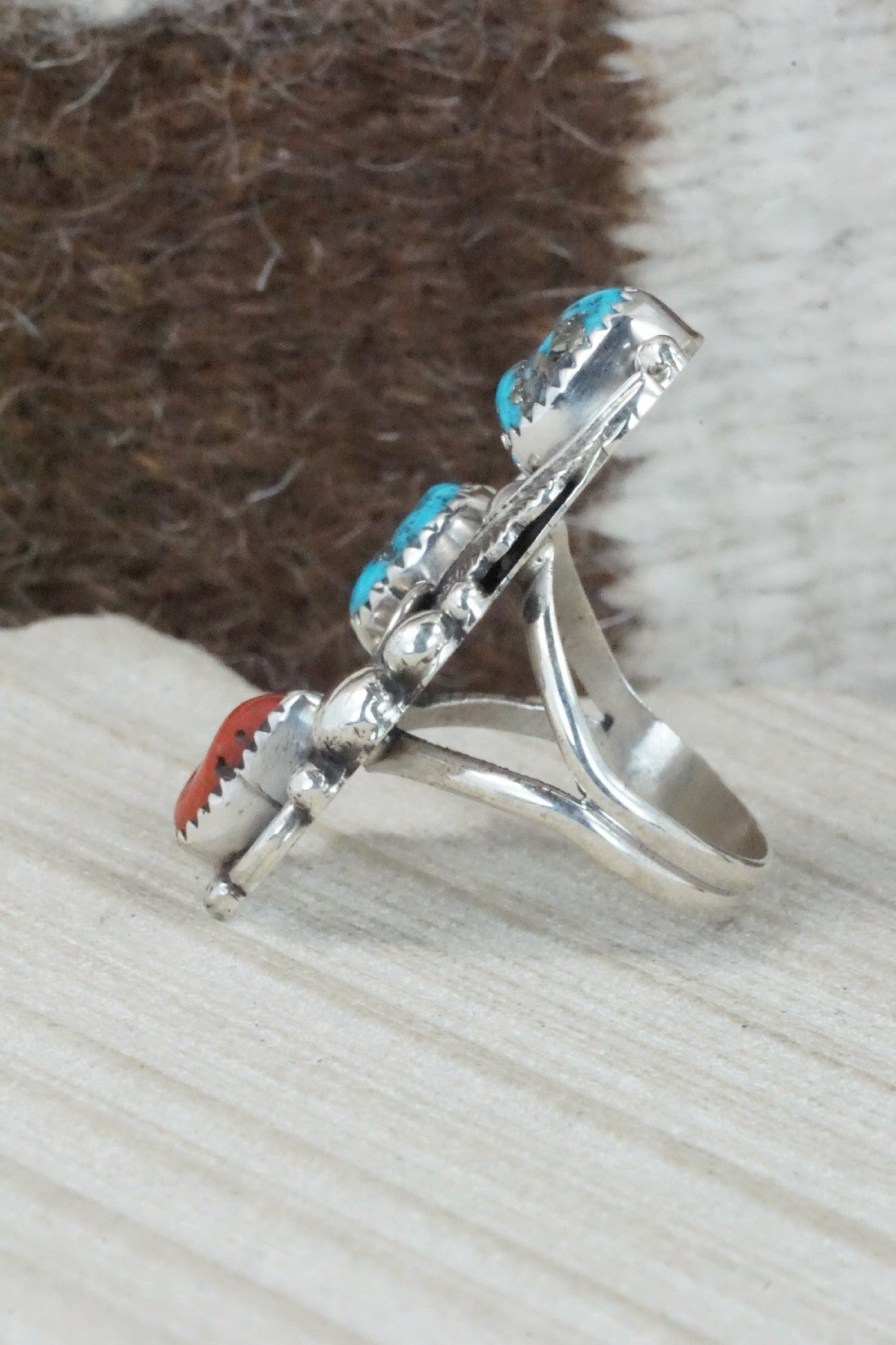 Turquoise, Coral & Sterling Silver Ring - Shirley Largo - Size 8.5